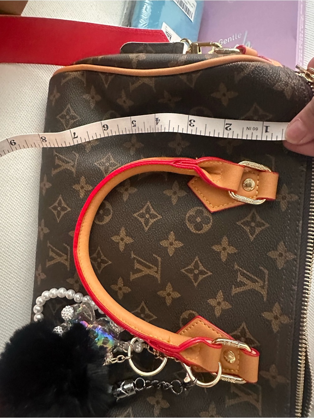 Fashion Bag- Brown Monogram Satchel with Black Pom Pom Charm - Picture 6 of 7